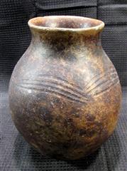 LOT 2 EARTHENWARE ROUNDED BOTTOM POTS - ONE POT EIGHT INCHES TALL WITH DIAGONO G
